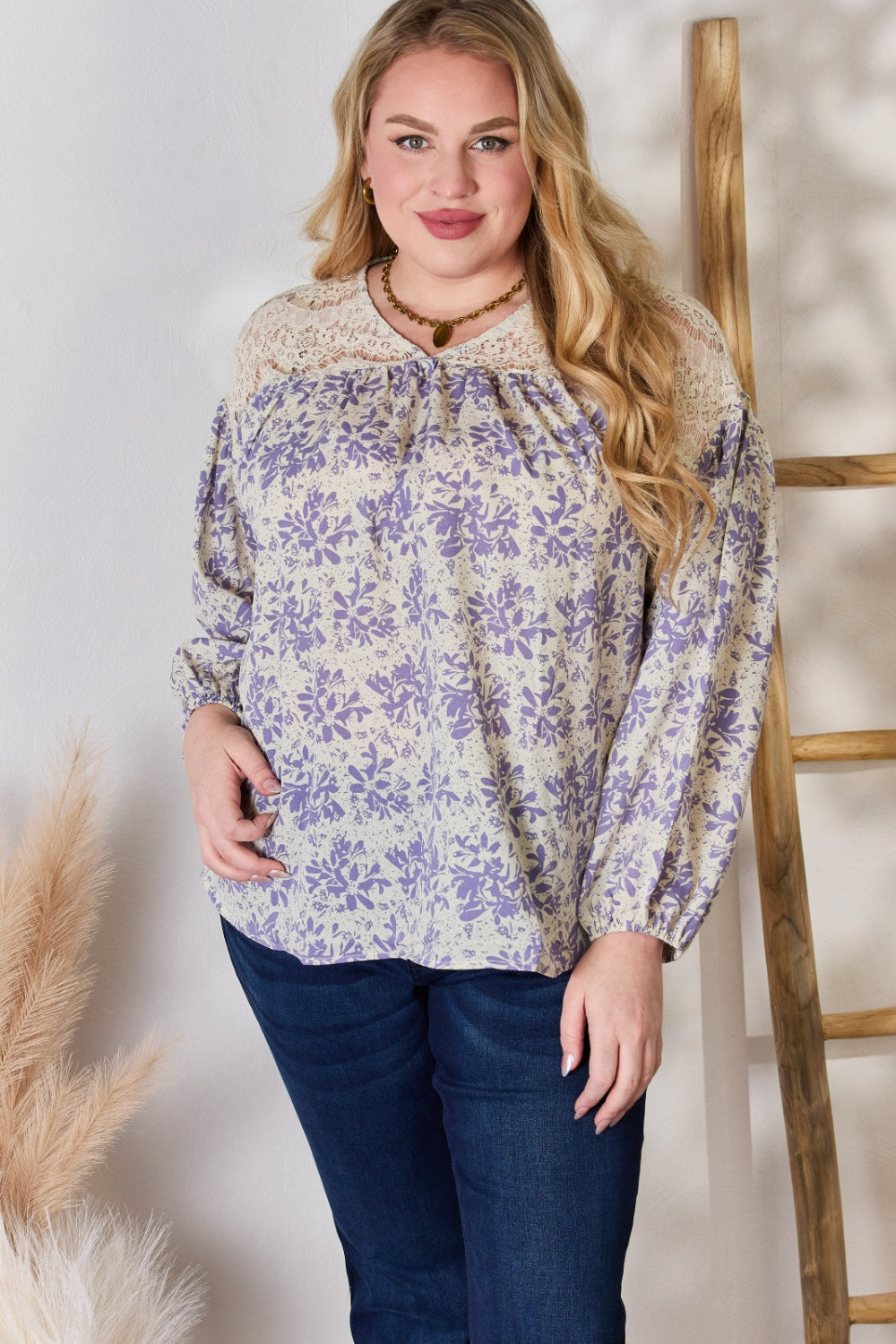 Full Size Lace Detail Printed Blouse