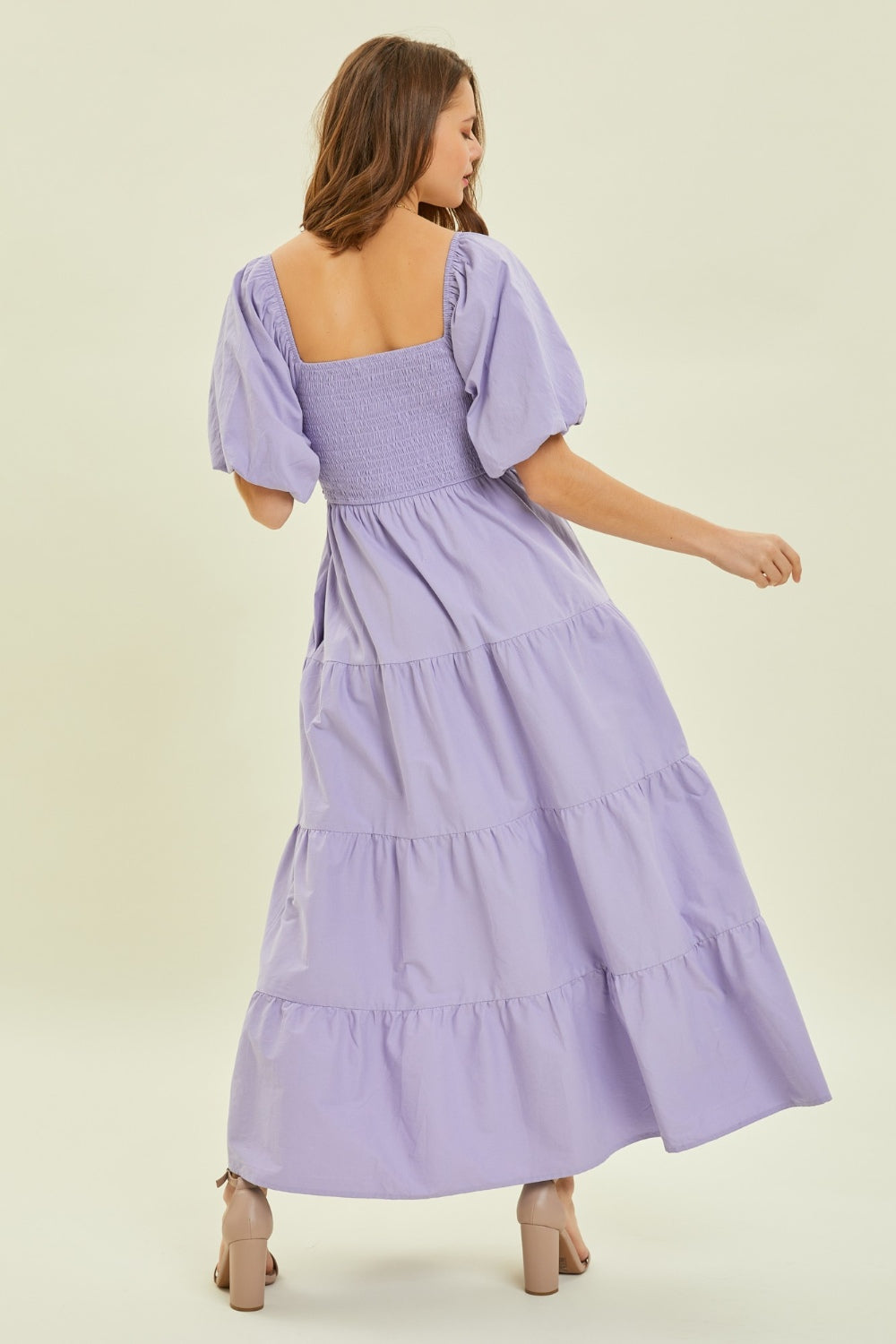 A Puff Sleeve Tiered Ruffled Poplin Dress