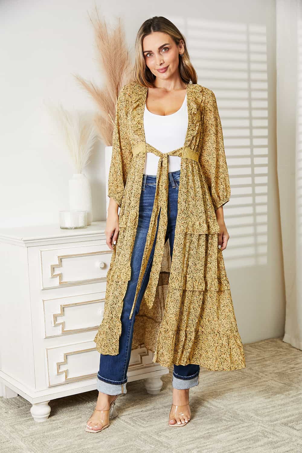 Full Size Tie Front Ruffled Duster Cardigan