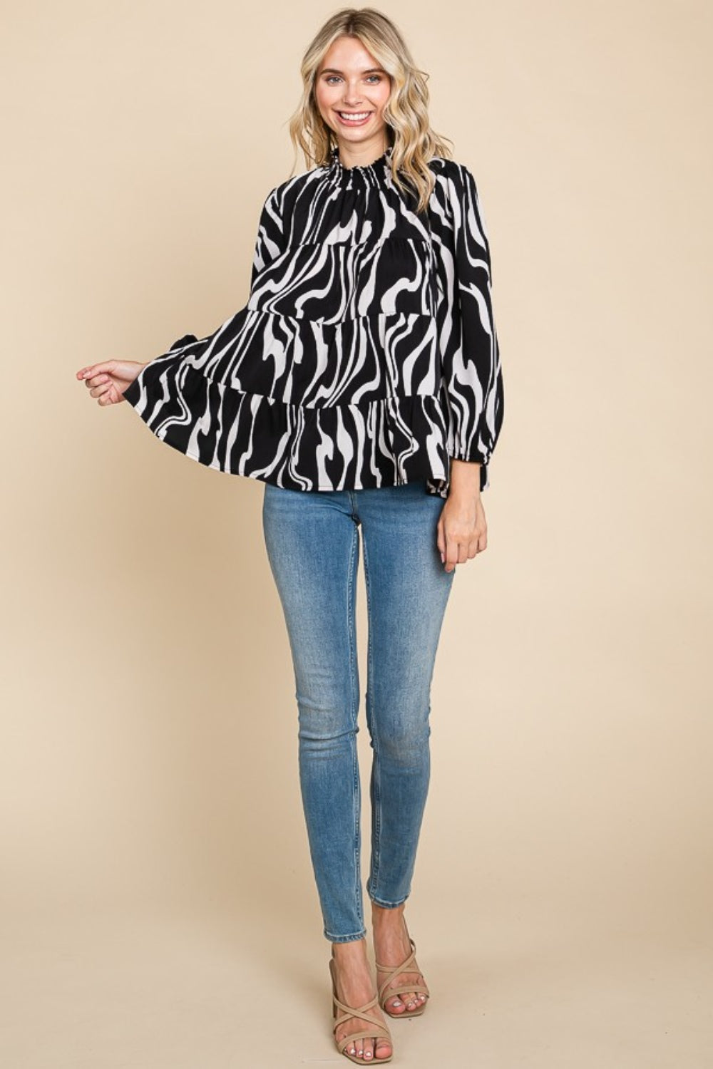 Printed Smock Neck Tiered Blouse