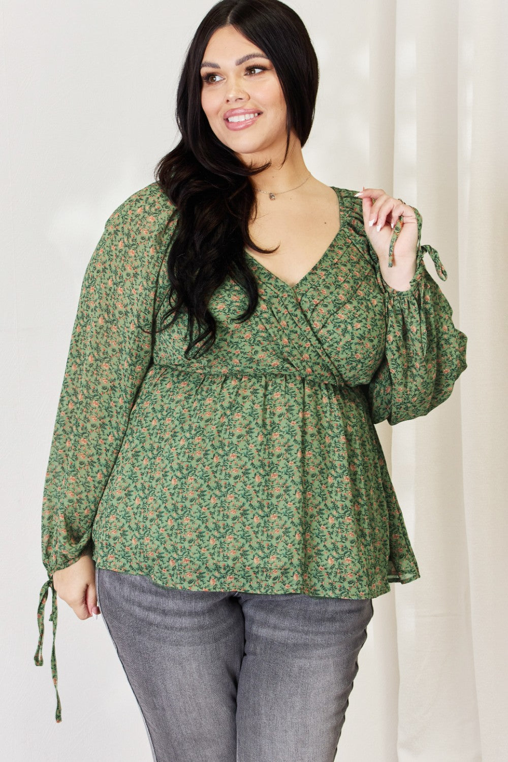 Full Size Floral Surplice Peplum Blouse