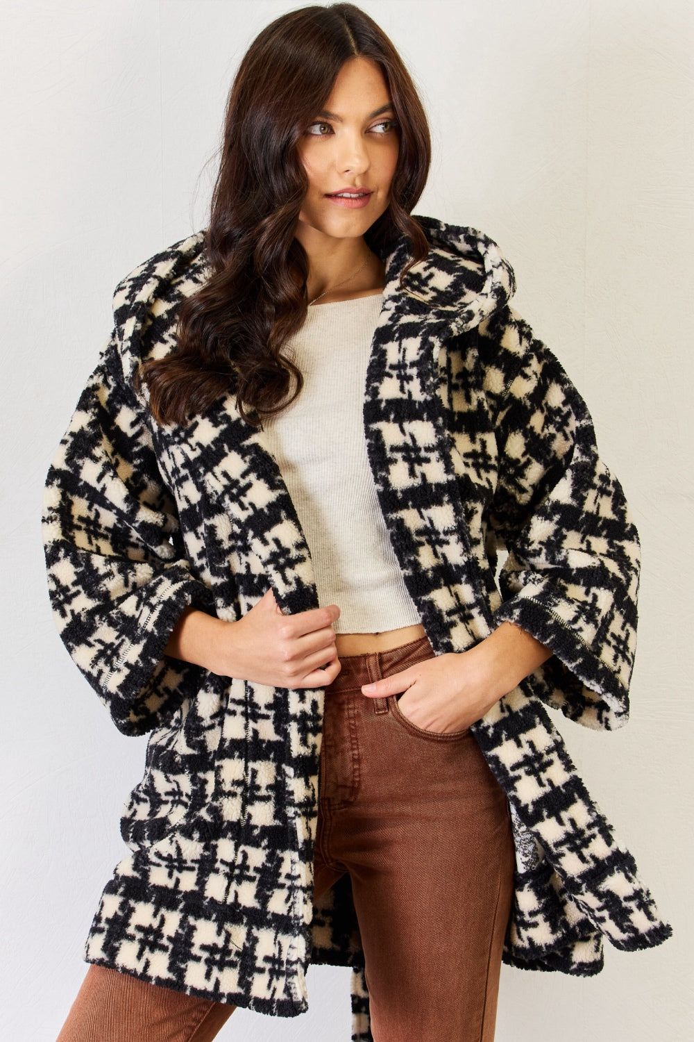 Plaid Waist Tie Hooded Robe Cardigan