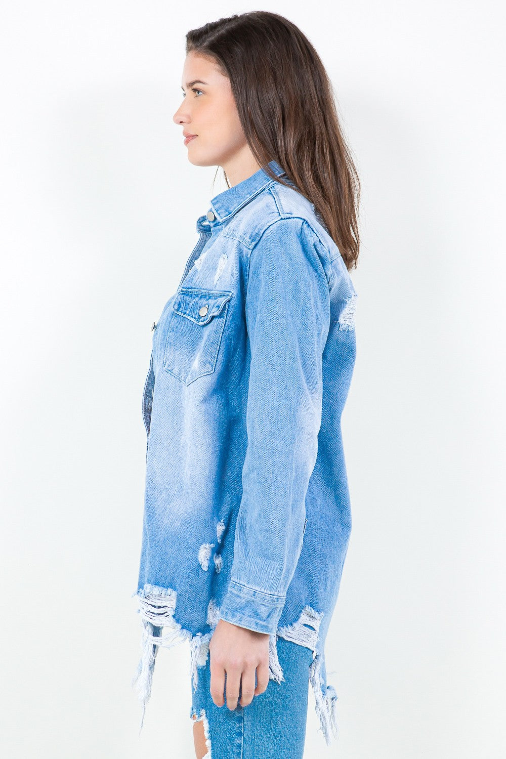 Frayed Hem Distressed Denim Shirt Jacket