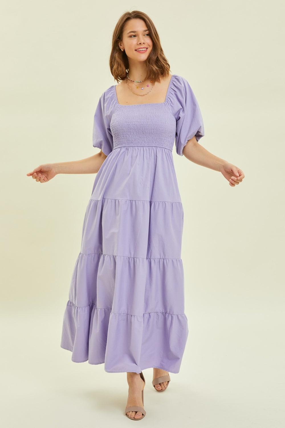 A Puff Sleeve Tiered Ruffled Poplin Dress