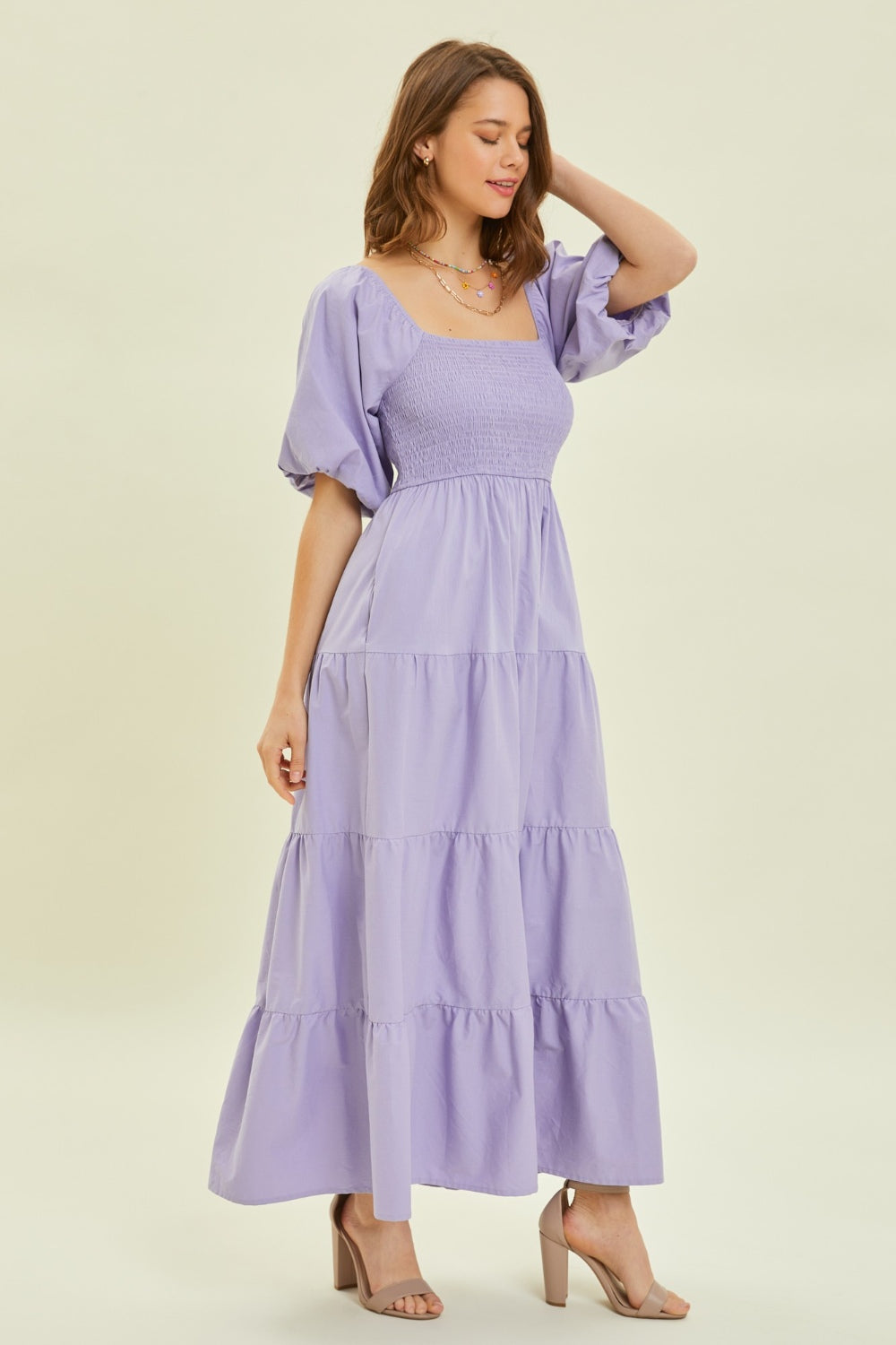 A Puff Sleeve Tiered Ruffled Poplin Dress