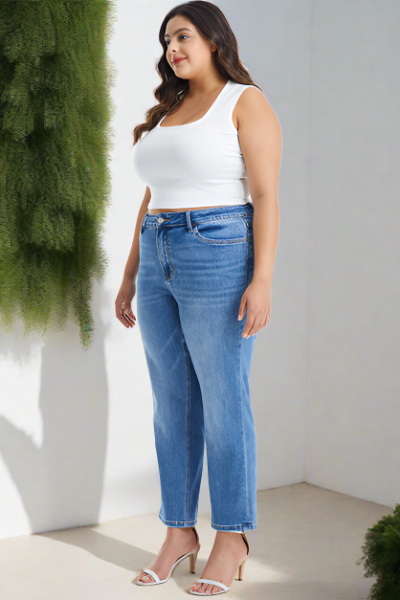 Full Size High Waist Raw Hem Straight Jeans