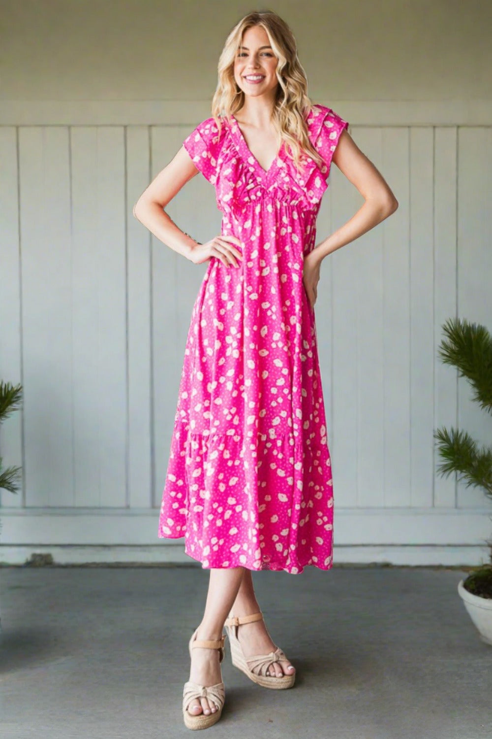 Printed V-Neck Ruffle Trim Tiered Midi Dress
