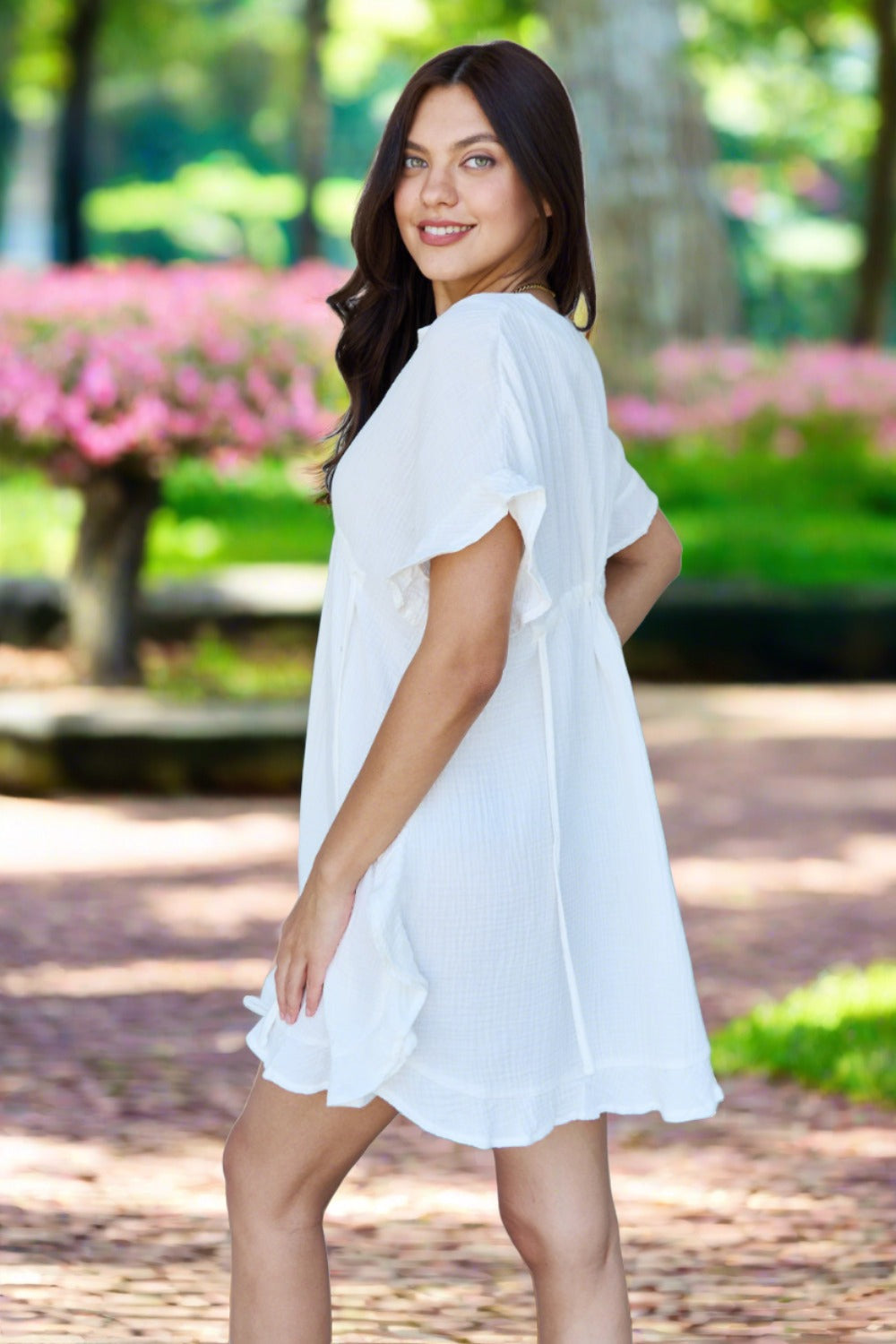 Full Size Ruffle Hem Dress with Drawstring Waistband in White