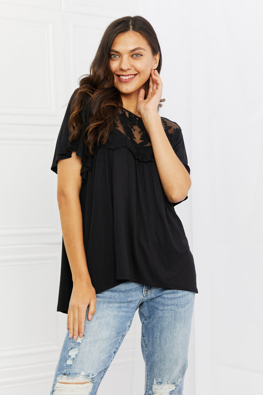 Lace Embroidered Top in Black