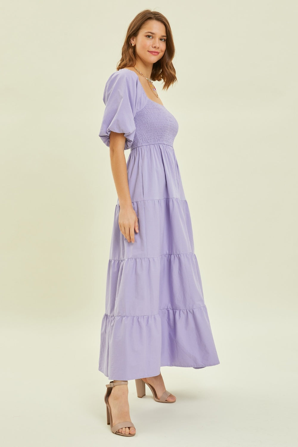 A Puff Sleeve Tiered Ruffled Poplin Dress