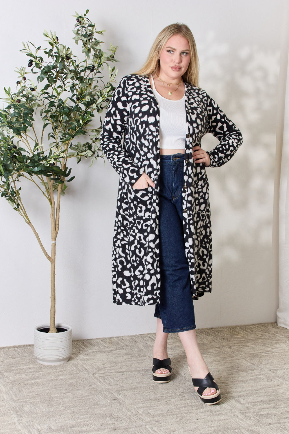 Full Size Animal Print Button Up Long Sleeve Cardigan