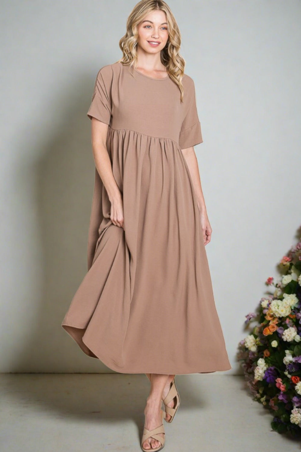 Round Neck Ruched Midi Dress