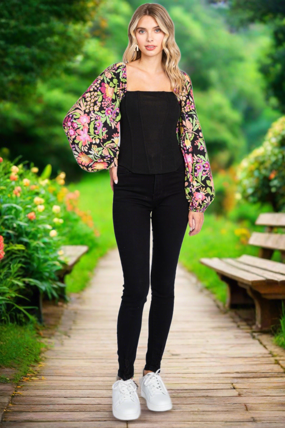 Full Size Floral Balloon Sleeve Blouse