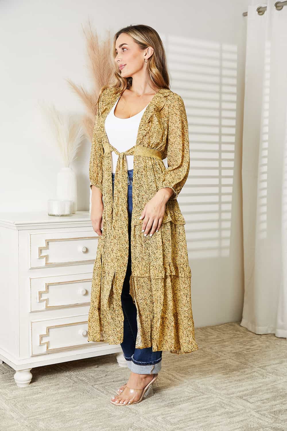 Full Size Tie Front Ruffled Duster Cardigan