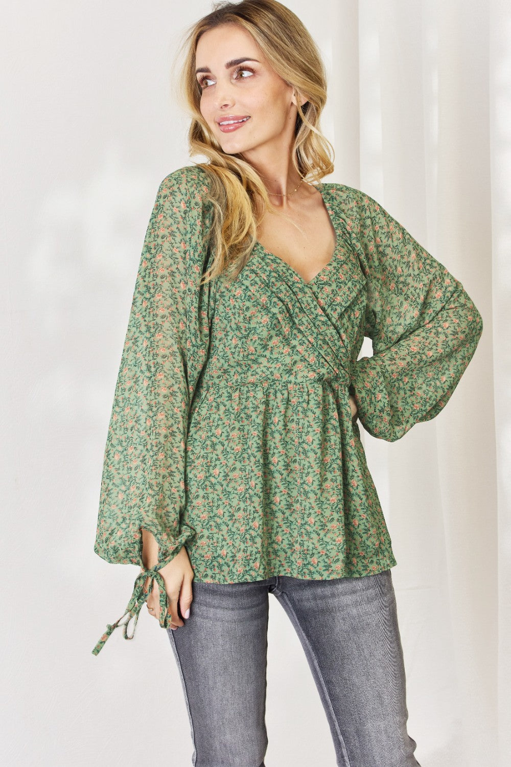 Full Size Floral Surplice Peplum Blouse