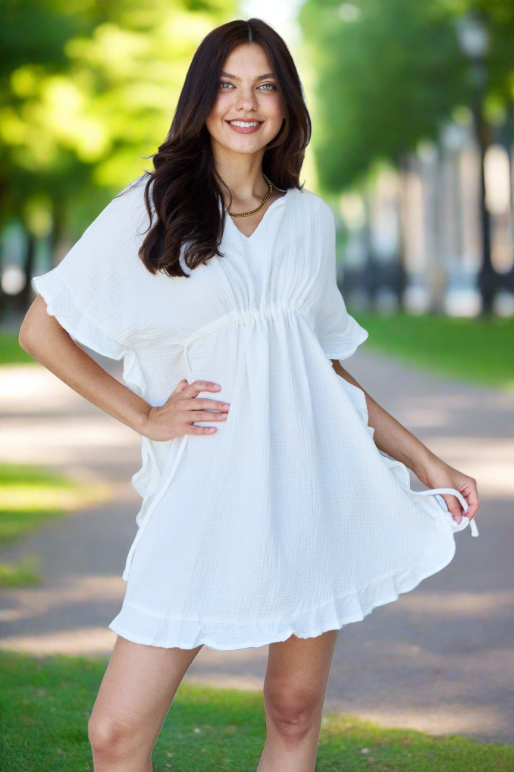 Full Size Ruffle Hem Dress with Drawstring Waistband in White