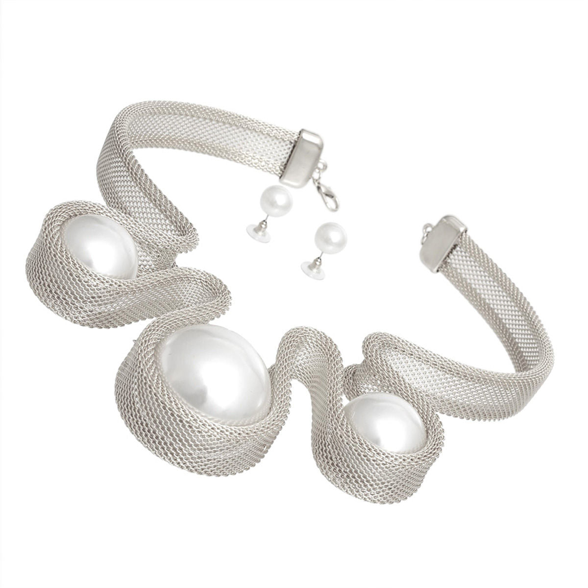 Women's Bib Necklace Set Bold Statement Rigid Chunky Silver Metal Mesh Chain Necklace Featuring Triple Teardrop Shaped White Pearl Bib Detail. Bib measures 3.25" x 5.5". Rigid Mesh Chain measures .85" wide. Lobster Clasp Closure. Includes Matching Pearl Ball Stud Post Backing Earrings.