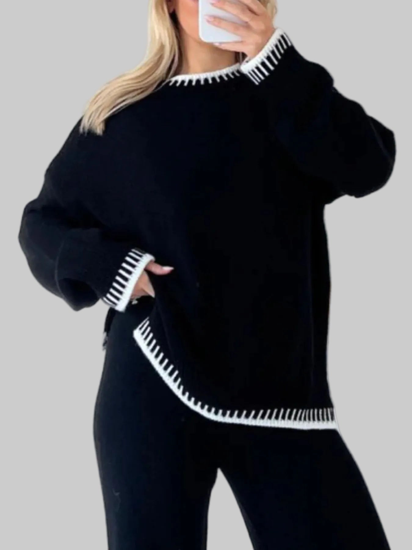 Black & White Trim Sweater with a matching wide leg pants