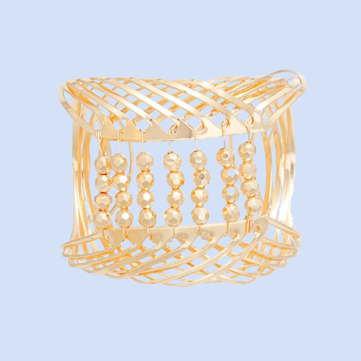 Women's Cuff Bracelet Rigid Gold Metal Rounded Design Cuff Featuring Gold Bead Detailing. Adjustable. Cuff measures 2.65" wide.