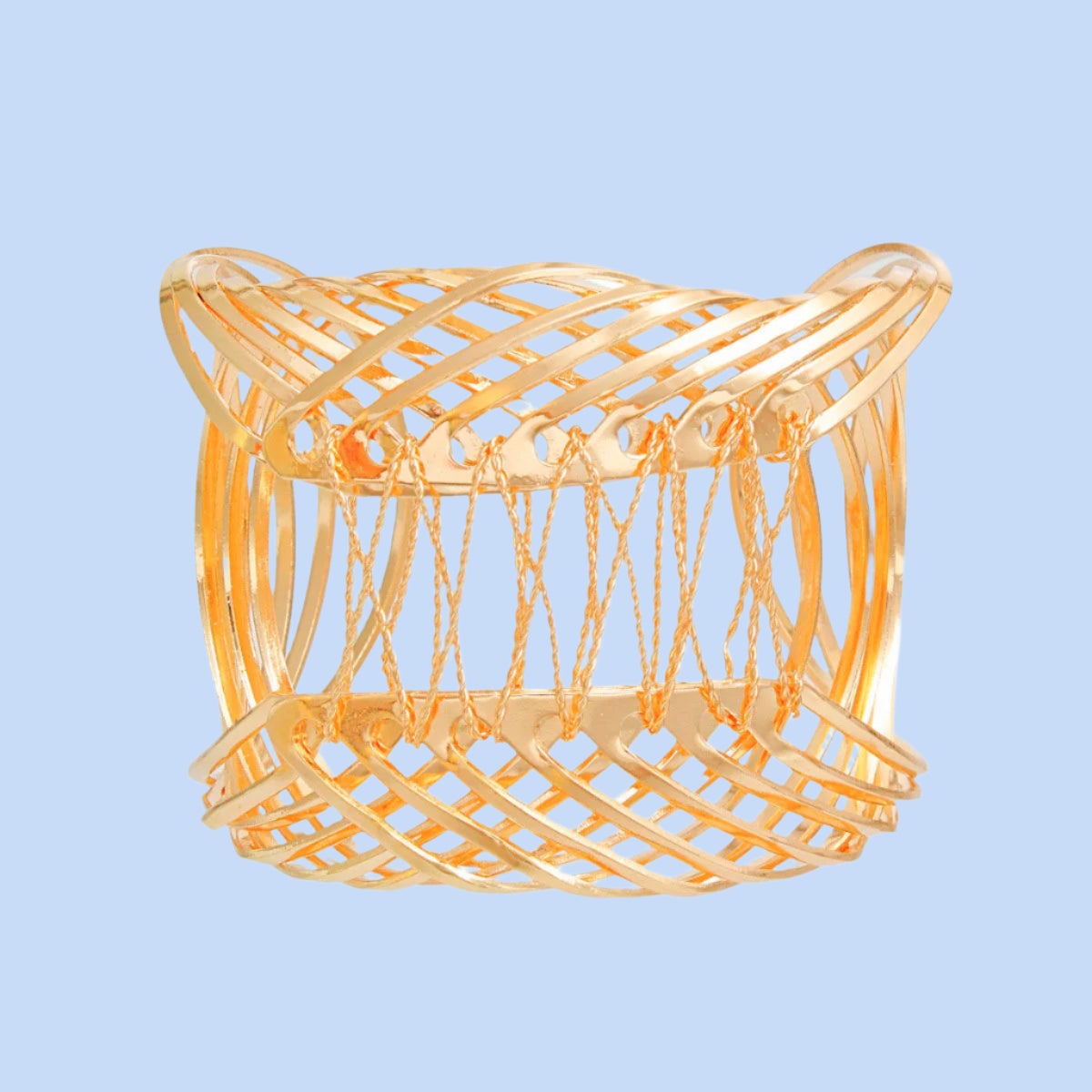 Women's Cuff Bracelet Rigid Gold Metal Rounded Design Cuff Featuring Woven Wire Detailing. Adjustable. Cuff measures 2.45" wide.