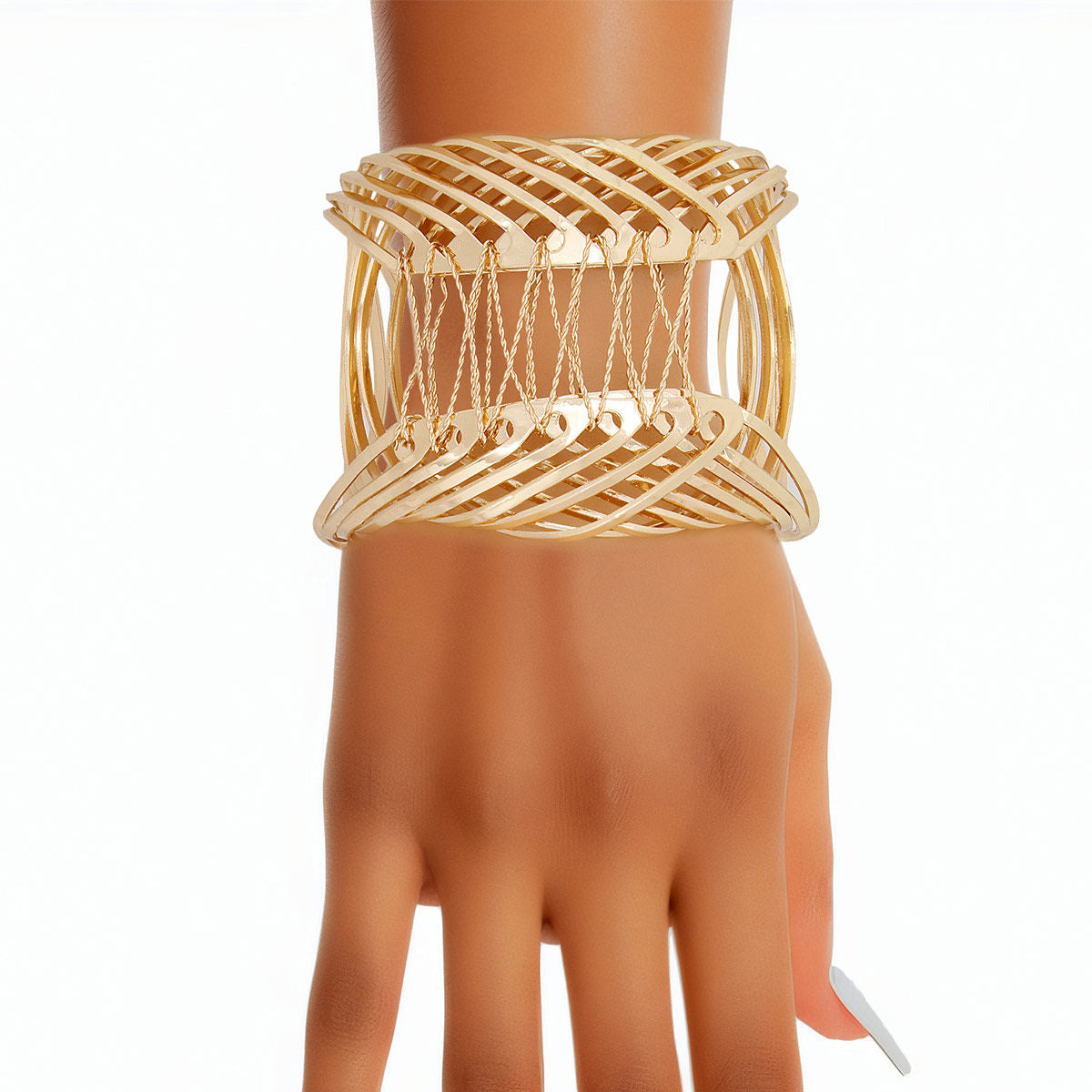 Women's Cuff Bracelet Rigid Gold Metal Rounded Design Cuff Featuring Woven Wire Detailing. Adjustable. Cuff measures 2.45" wide.