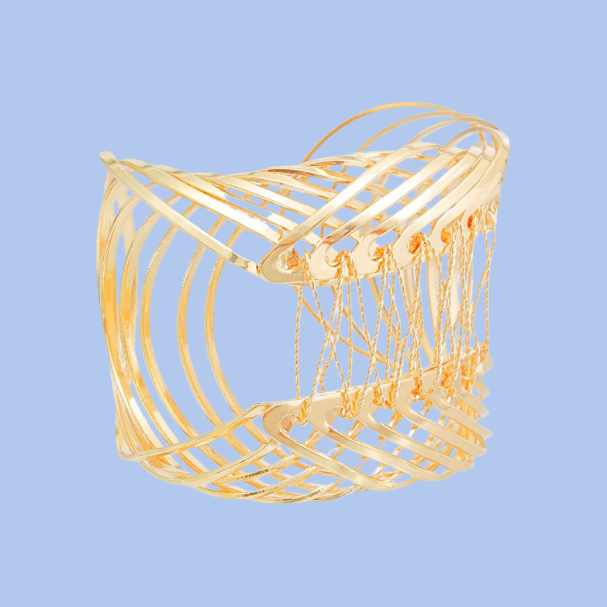 Women's Cuff Bracelet Rigid Gold Metal Rounded Design Cuff Featuring Woven Wire Detailing. Adjustable. Cuff measures 2.45" wide.