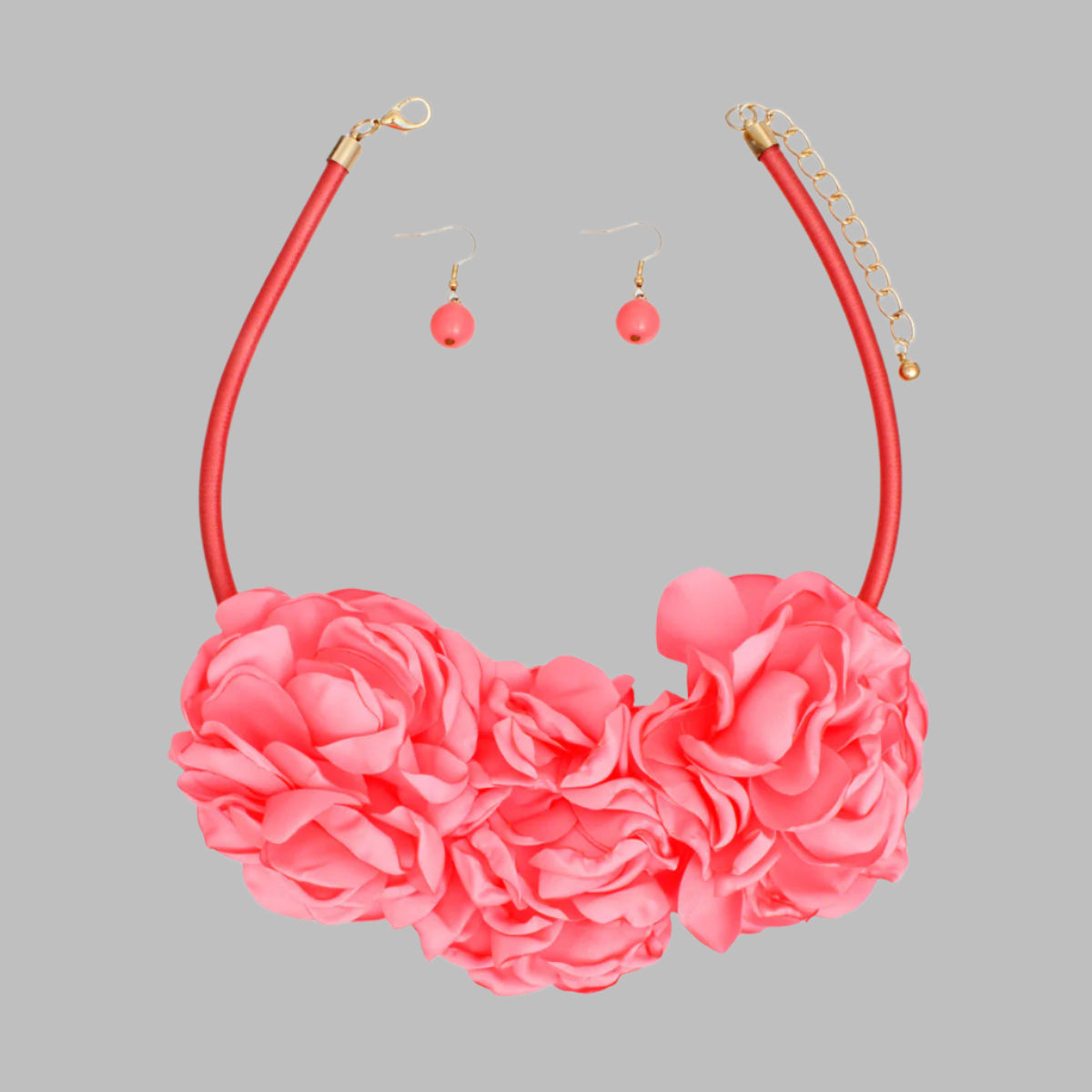 Women's Bib Necklace Dark Pink Fabric Covered Cord Rigid Collar Necklace Set Featuring Triple Pink Fabric Flower Petal Detailing. Flower Detail measures 3" x 6.5". Lobster Clasp Closure. Includes Matching Fishhook Earrings.
