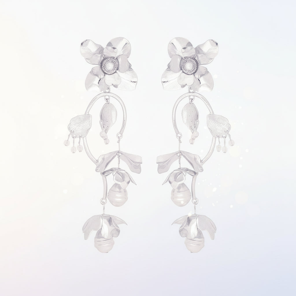 Chandelier Silver Flower Pearl Dangle Earrings