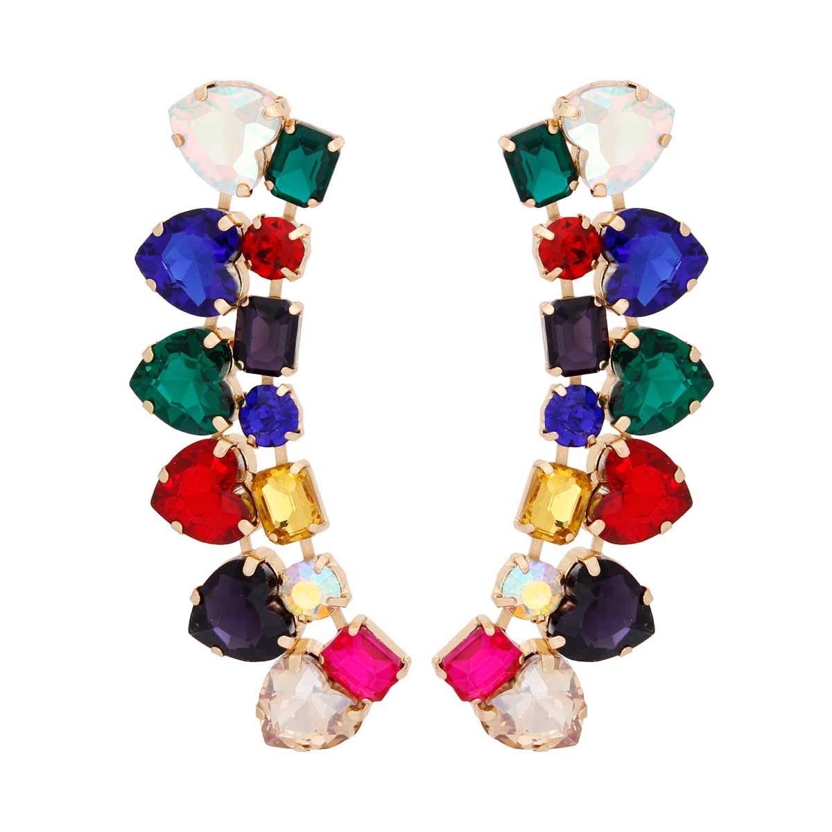 Women's Dangle Stud Earrings Gold Metal with Multicolor Heart and Radiant Cut Shaped Crystals Featuring Linked Angle Drop Design.