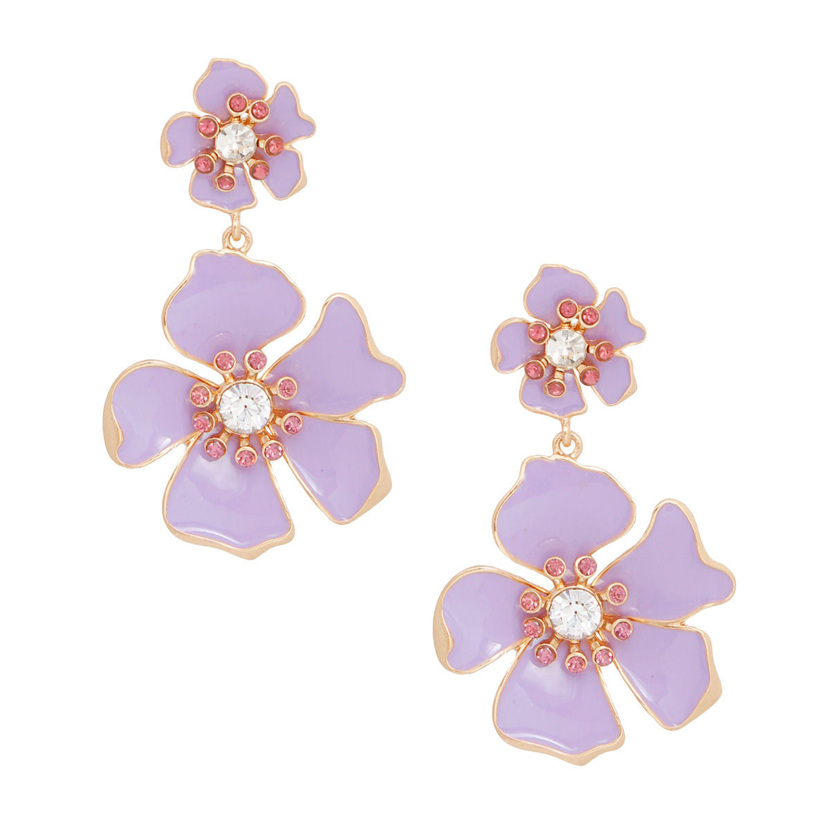 Women's Drop Earrings Gold Metal and Lavender Epoxy Tropical Flower Shaped Post Backing Earrings with Matching Larger Flower Drop Detail. Earrings Feature Rhinestone Center Detailing.