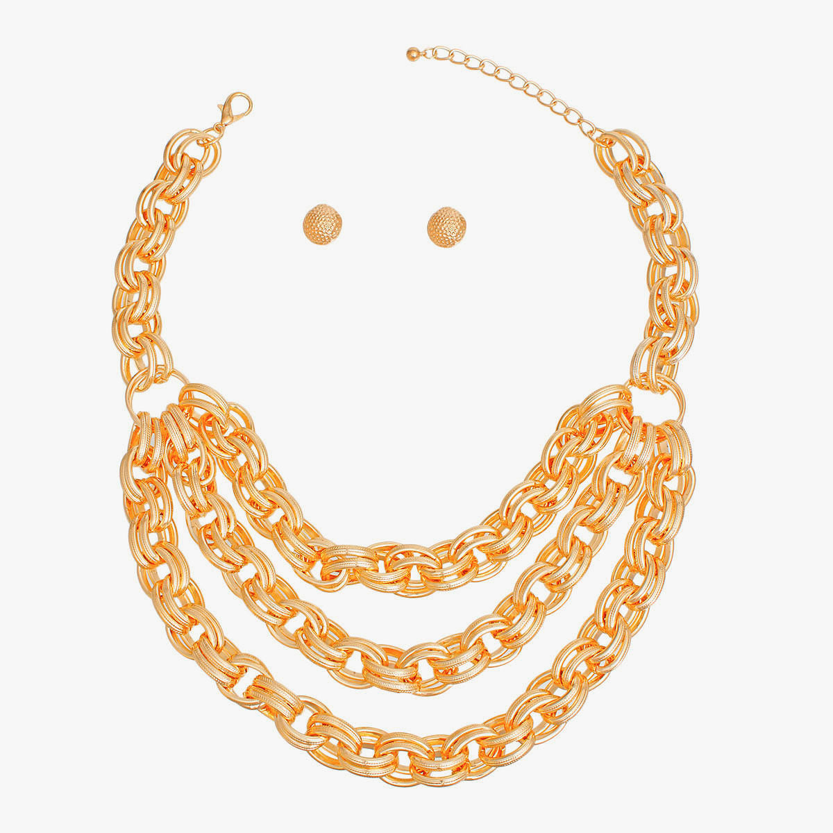 Women's Chain Necklace Set Chunky Hollow Gold Metal Textured Oval Double Link Necklace Featuring Triple Layer Chain Detail. Layered Chain Detail measures 2.25" wide. Lobster Clasp Closure. Includes Matching Hammered Button Stud Post Backing Earrings.