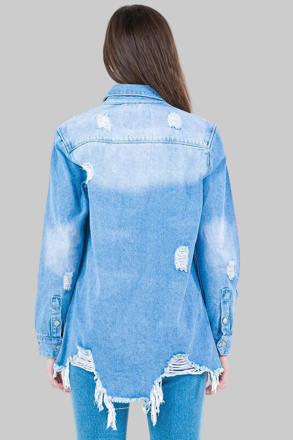 Close-up look at the back of the Frayed Hem Distressed Denim Shirt Jacket.