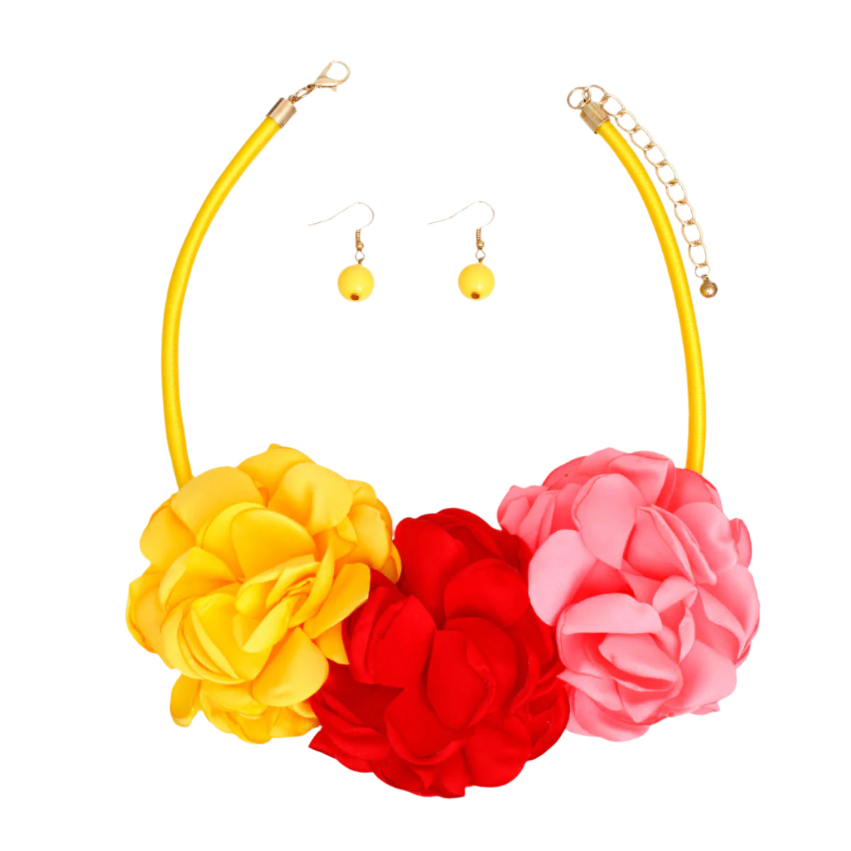Women's Bib Necklace Yellow Fabric Covered Cord Rigid Collar Necklace Set Featuring Triple Pink, Red, and Yellow Fabric Flower Petal Detailing. Flower Detail measures 3" x 6.5". Lobster Clasp Closure. Includes Matching Fishhook Earrings.
