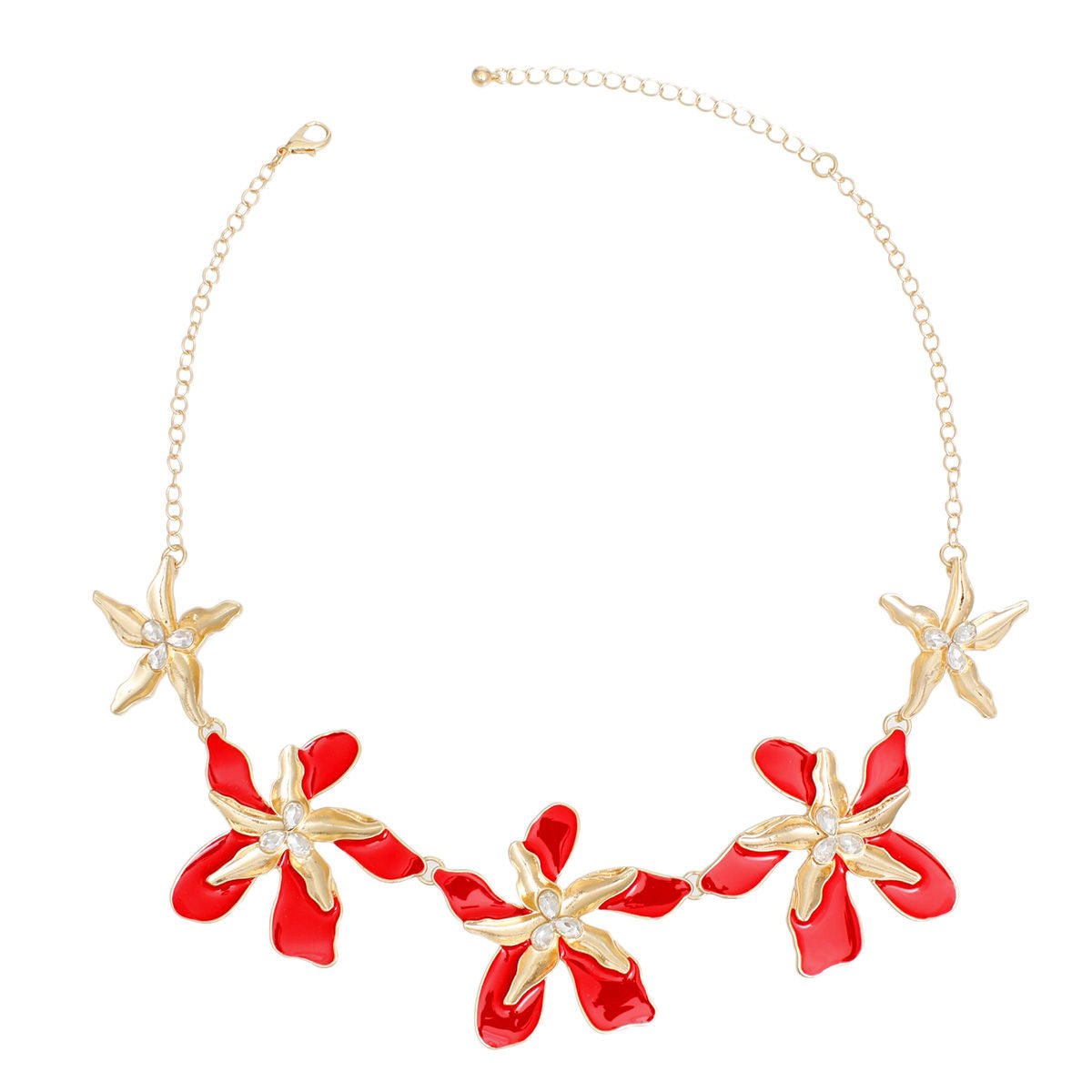 Women's Collar Necklace Gold Metal Round Link Chain Featuring Textured Gold Metal and Red Epoxy Tropical Iris Flowers with Rhinestone Centers. Flowers measure 2.15" each. Lobster Clasp Closure.