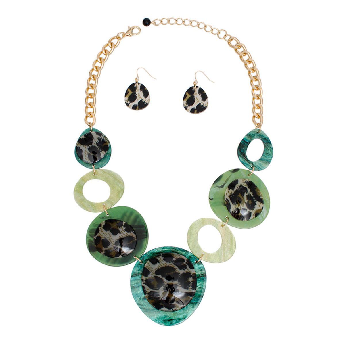 Women's Link Necklace Set Trending Marbled Shades of Green Acrylic with Glitter Linked Collar Design Featuring Rounded Leopard Print Acrylic Discs Details. Center Disc measures 2.75". Gold Metal Chain Lobster Clasp Closure. Includes Matching Fishhook Earrings.