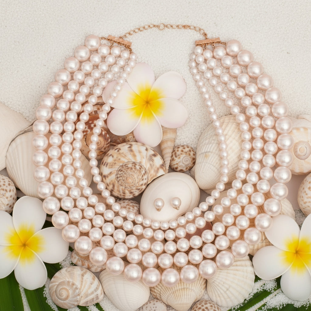 Women's Pearl Necklace Set Luxe Statement 5 Strand Acrylic Cream Pearl Necklace. Multistrand Necklace Features Graduated Pearl Strands from 9mm to 18mm. Layers measure 22" to 28". Gold Metal Lobster Clasp Closure. Includes Matching Pearl Ball Stud Post Backing Earrings.