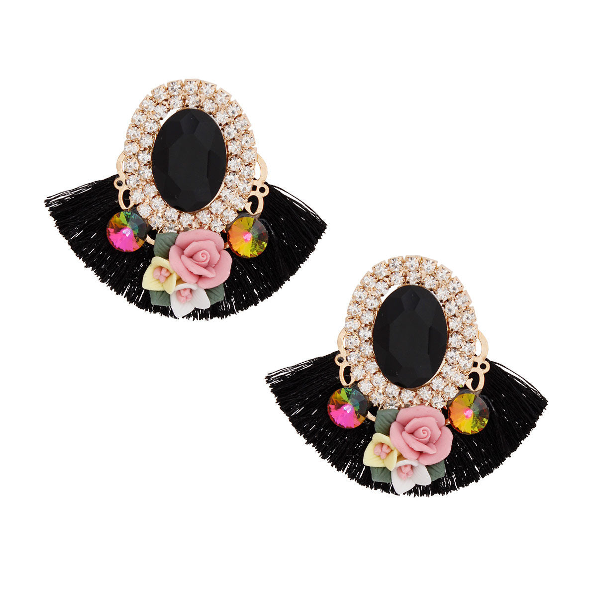 Women's Stud Earrings Elegant Gold Metal with Oval Black Crystal and Pave Rhinestone Halo Studs Featuring Black Silk Fan Tassel, Gold Metal Filigree, Multi Color Rhinestones, and 3D Acrylic Floral Detailing. Post Backing.
