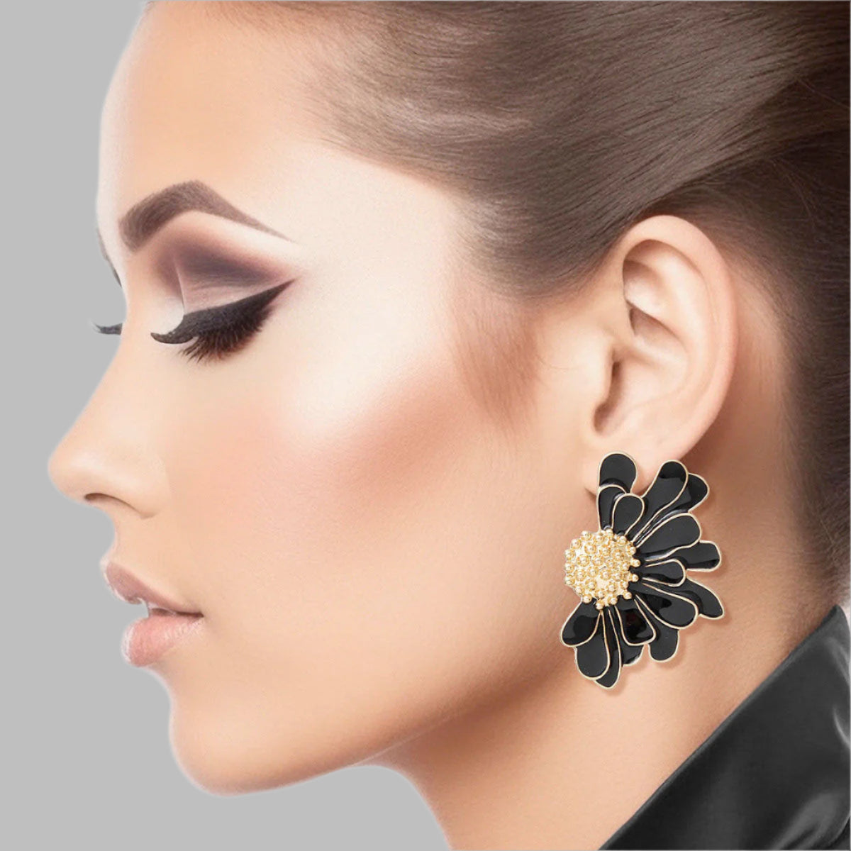 Women's Stud Earrings Gold Metal and Black Epoxy Half Daisy Flower Earrings Featuring Gold Studded Center. Post Backing.