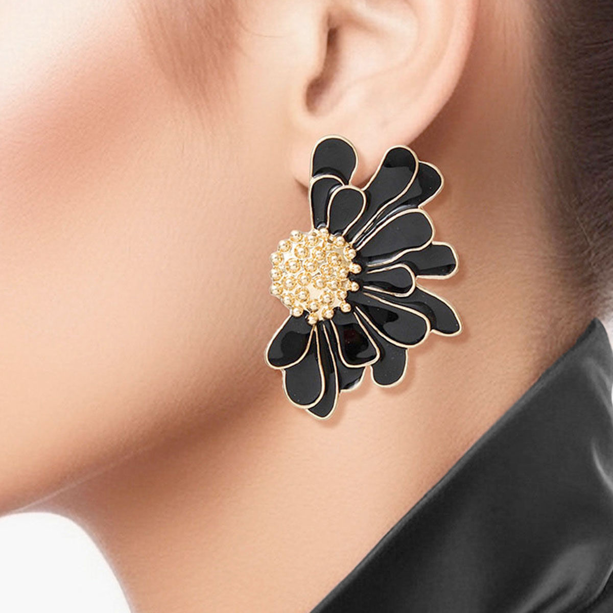 Women's Stud Earrings Gold Metal and Black Epoxy Half Daisy Flower Earrings Featuring Gold Studded Center. Post Backing.