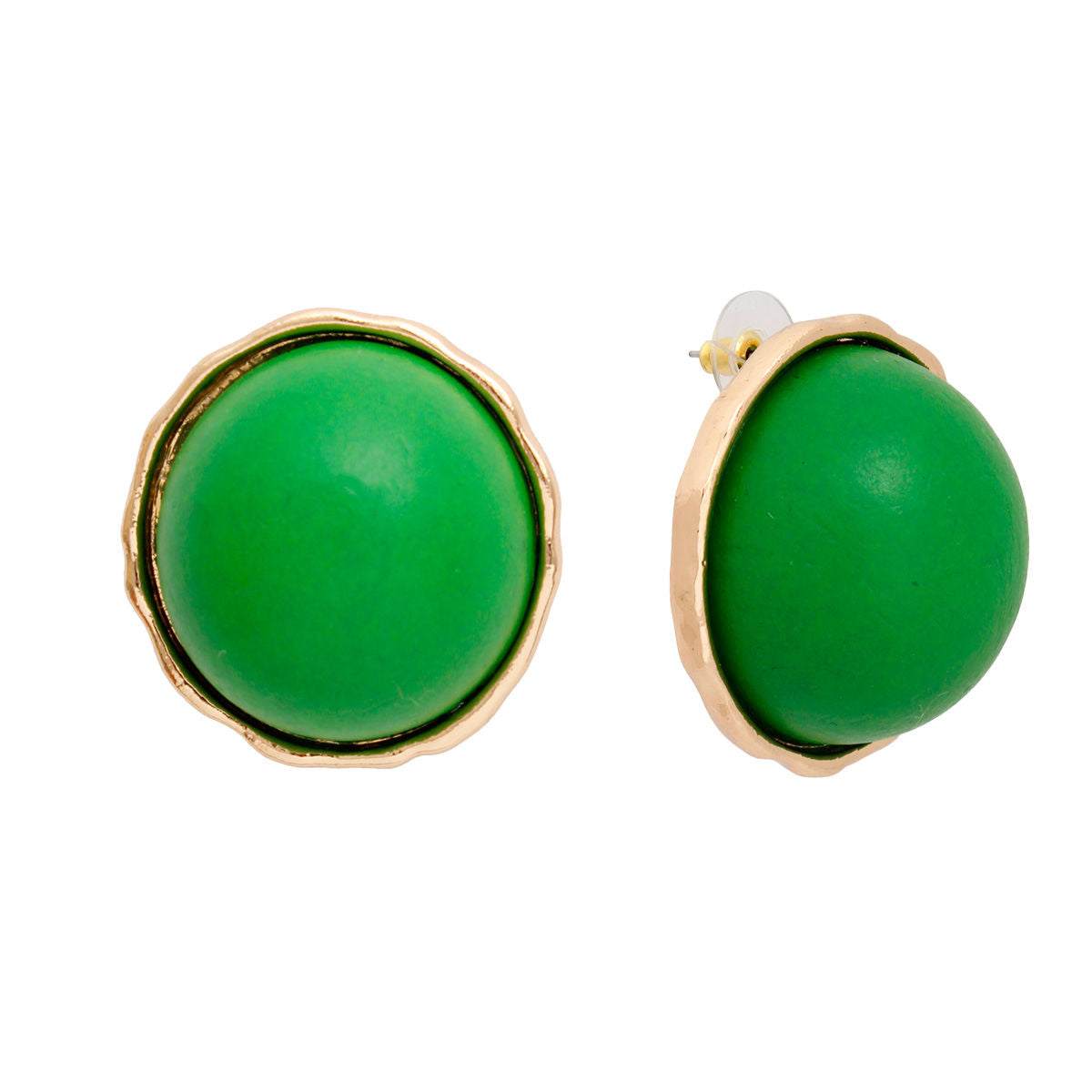 Women's Stud Earrings Large Round Gold Metal Studs Featuring Domed Green Wood Detail. Studs measure 1" tall. Post Backing.