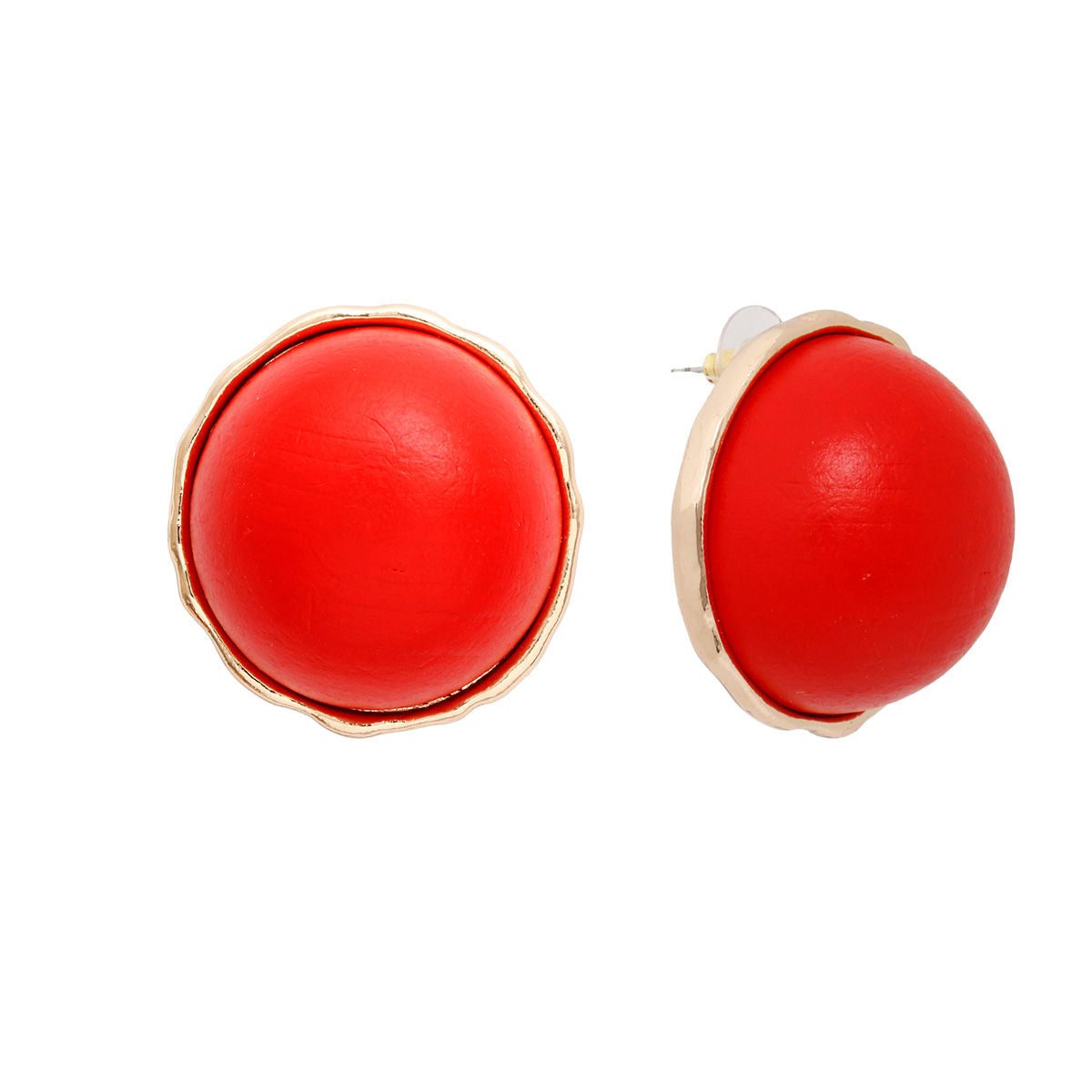 Women's Stud Earrings Large Round Gold Metal Studs Featuring Domed Red Wood Detail. Studs measure 1" tall. Post Backing.