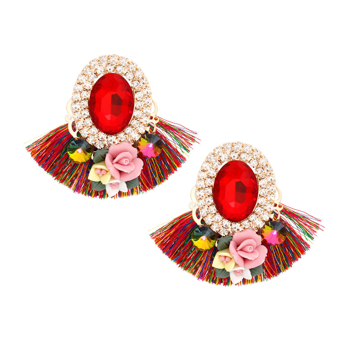 Women's Stud Earrings Elegant Gold Metal with Oval Red Crystal and Pave Rhinestone Halo Studs Featuring Multicolor Silk Fan Tassel, Gold Metal Filigree, Multi Color Rhinestones, and 3D Acrylic Floral Detailing. Post Backing.