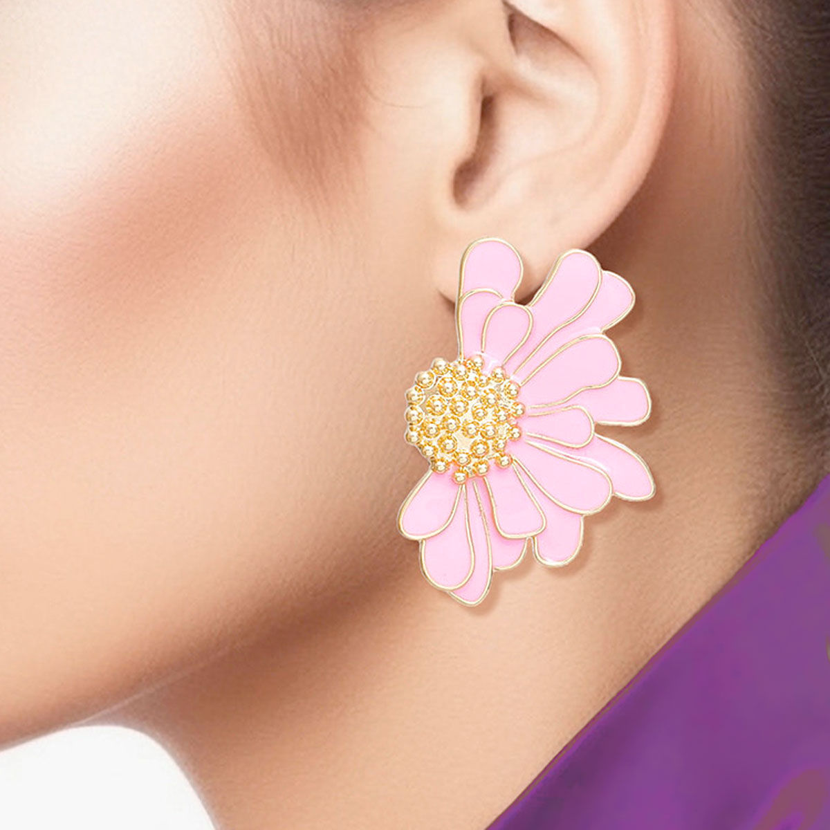 Women's Stud Earrings Gold Metal and Pink Epoxy Half Daisy Flower Earrings Featuring Gold Studded Center. Post Backing.