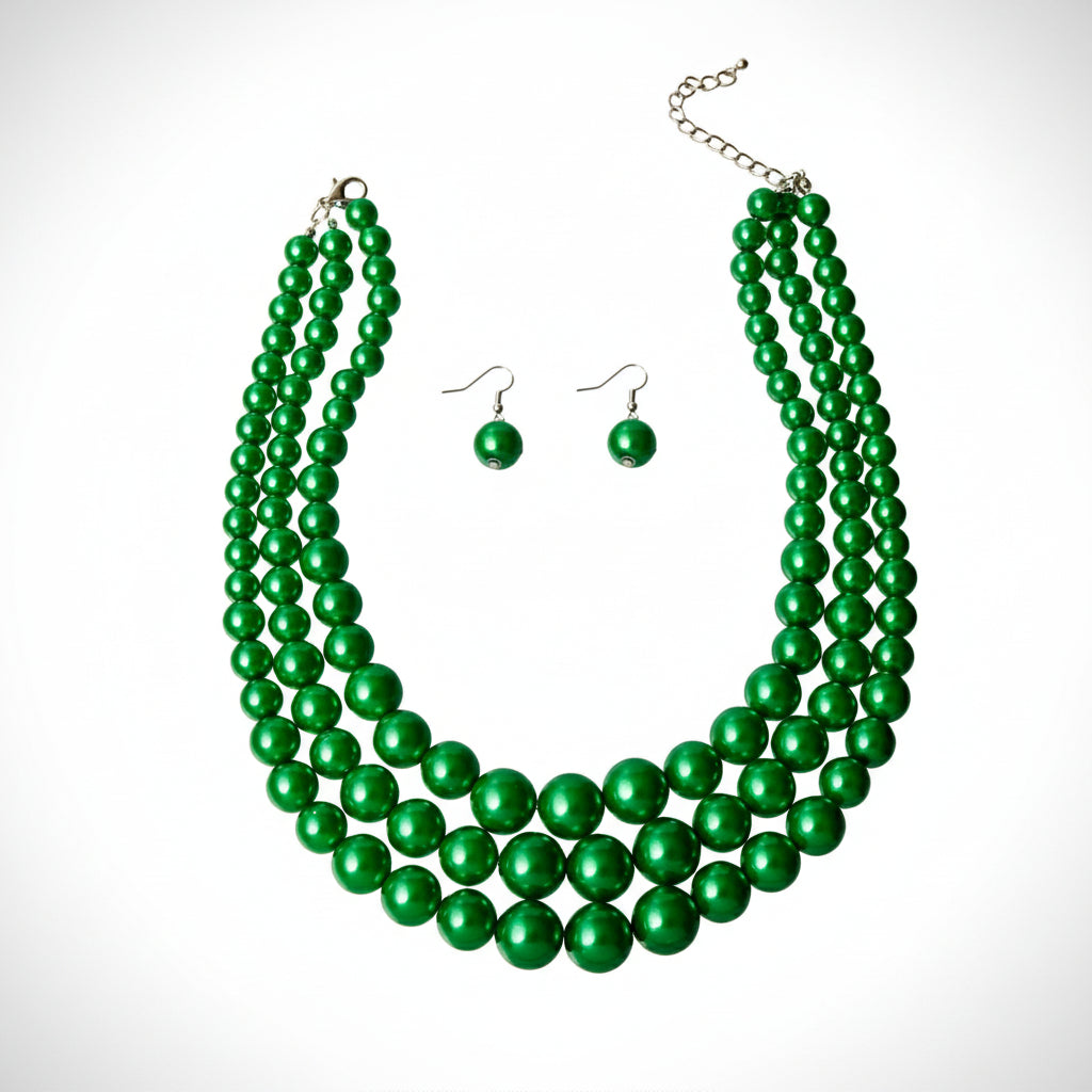 Multi Strand Green Pearl Necklace Set