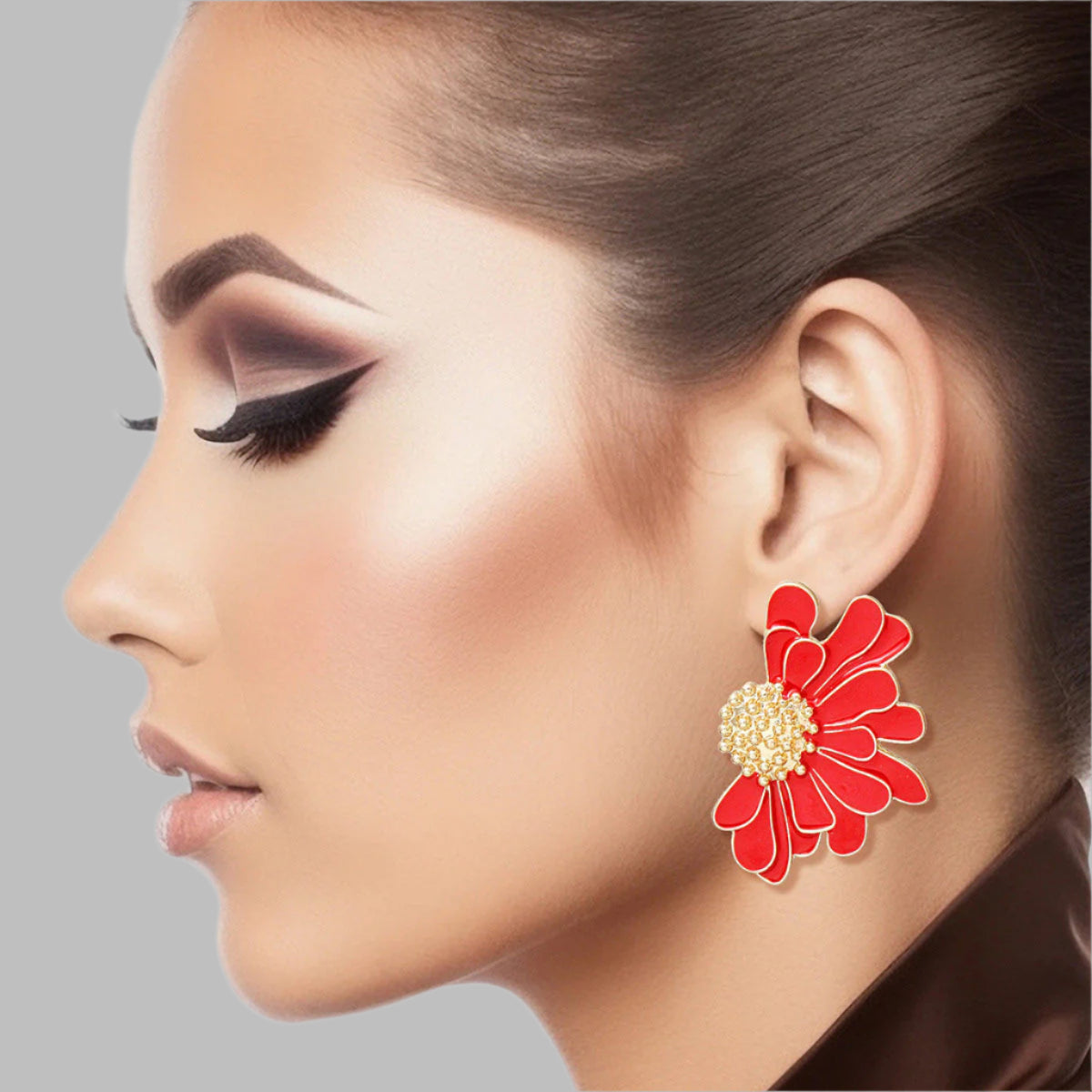 Women's Stud Earrings Gold Metal and Red Epoxy Half Daisy Flower Earrings Featuring Gold Studded Center. Post Backing.