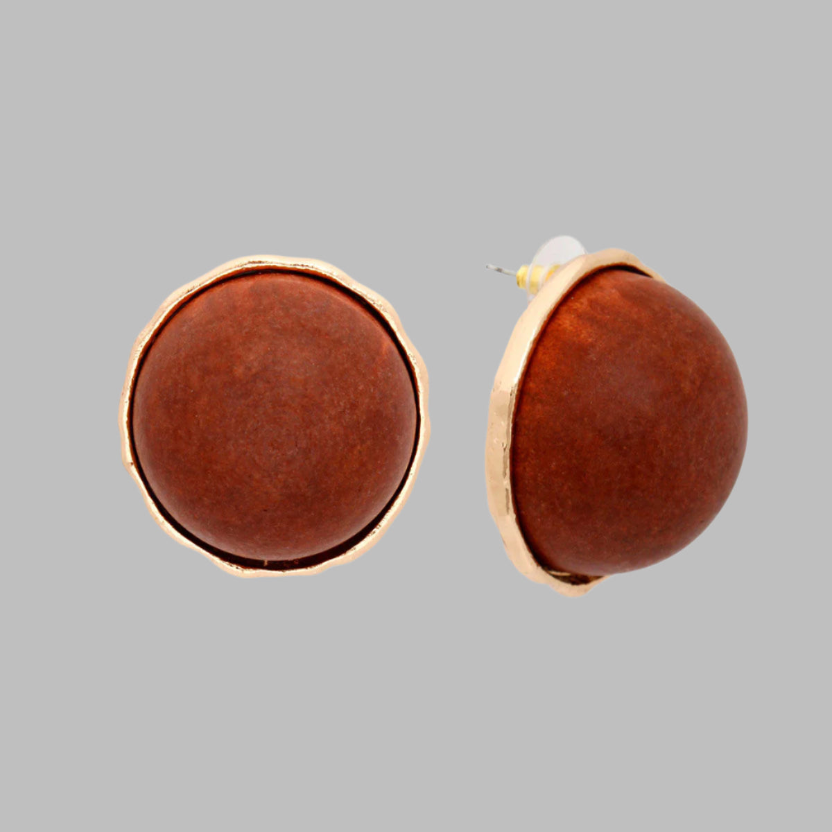Women's Stud Earrings Large Round Gold Metal Studs Featuring Domed Brown Wood Detail. Studs measure 1" tall.