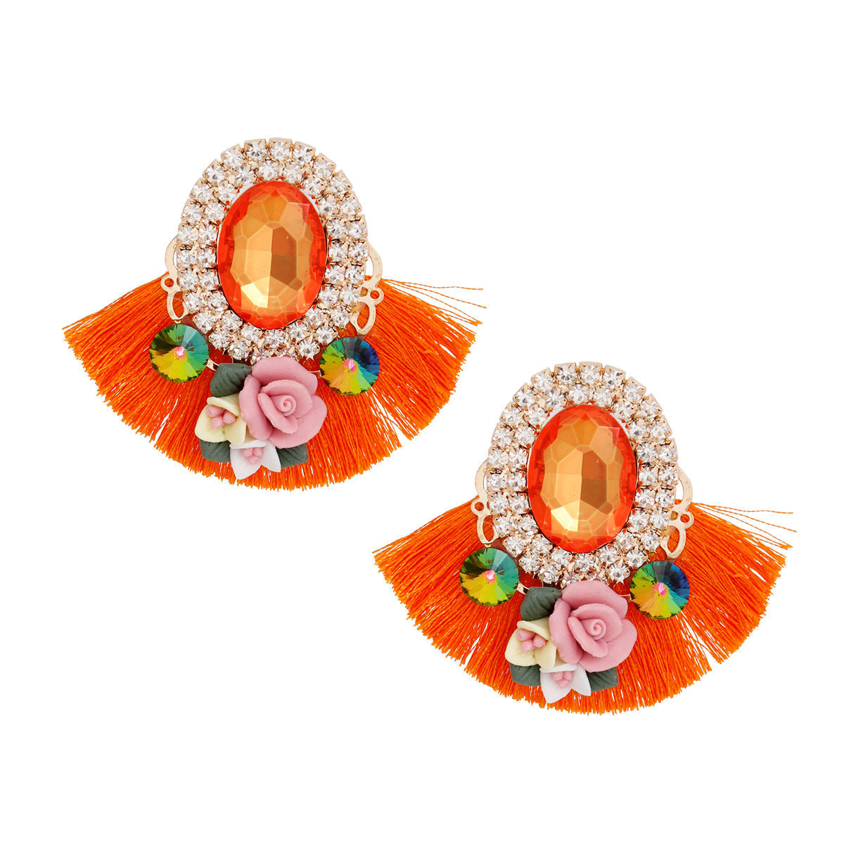 Women's Stud Earrings Elegant Gold Metal with Oval Orange Crystal and Pave Rhinestone Halo Studs Featuring Orange Silk Fan Tassel, Gold Metal Filigree, Multi Color Rhinestones, and 3D Acrylic Floral Detailing. Post Backing.