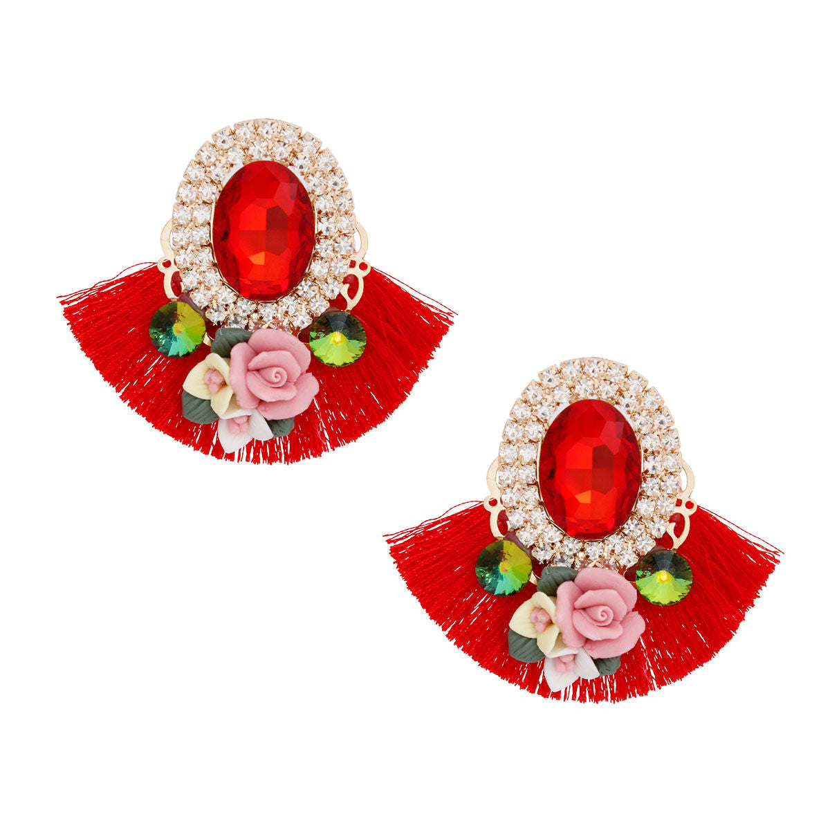 Women's Stud Earrings Elegant Gold Metal with Oval Red Crystal and Pave Rhinestone Halo Studs Featuring Red Silk Fan Tassel, Gold Metal Filigree, Multi Color Rhinestones, and 3D Acrylic Floral Detailing. Post Backing.
