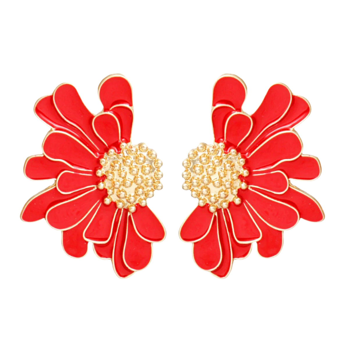 Women's Stud Earrings Gold Metal and Red Epoxy Half Daisy Flower Earrings Featuring Gold Studded Center. Post Backing.