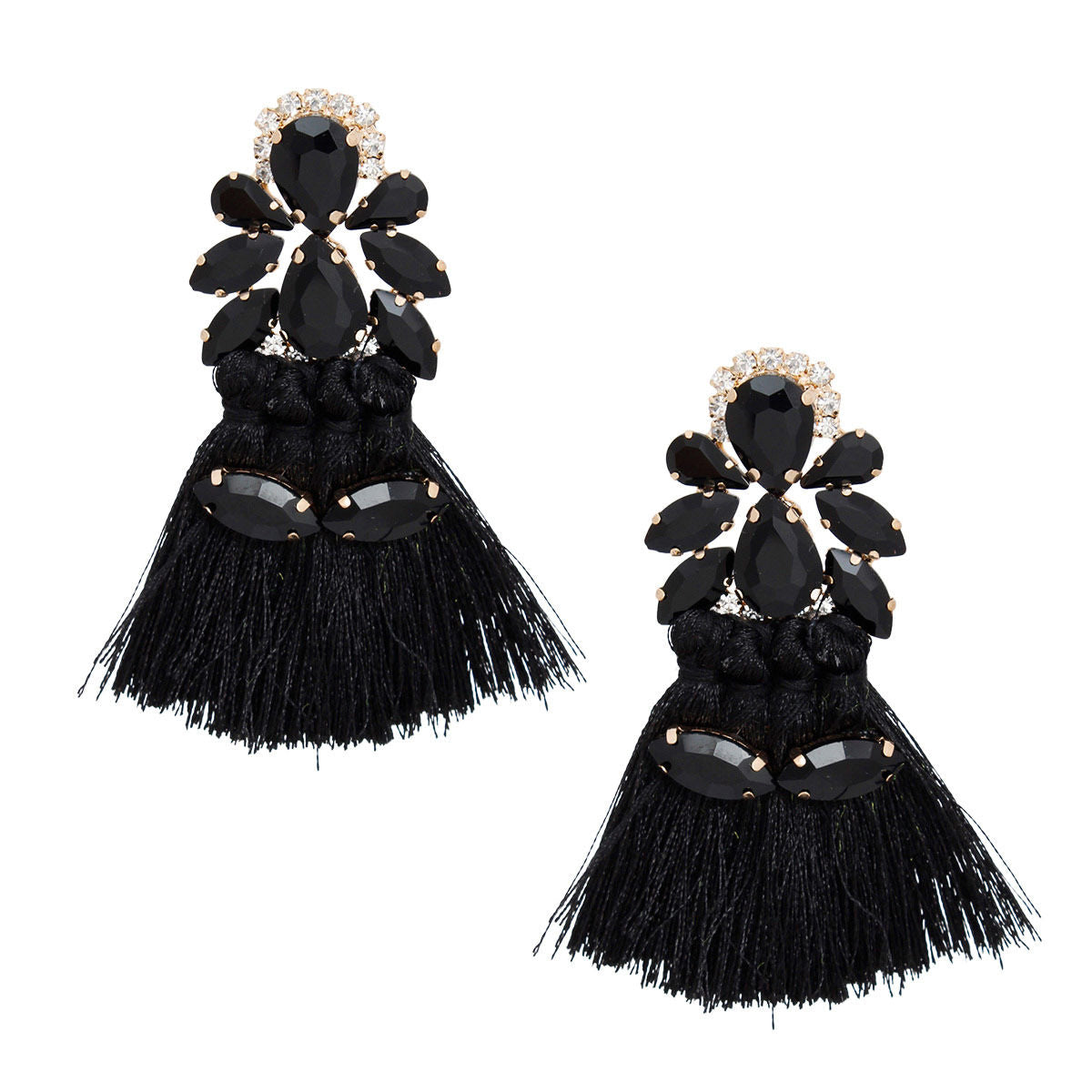 Women's Tassel Earrings Gold with Black Crystal Earrings Featuring 4 Tied Silk Thread Tassel Details. Post Backing.